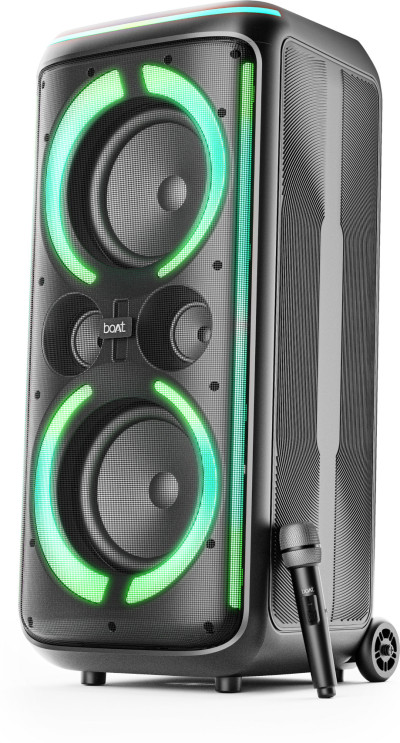 boAt PartyPal 500, 200W Party Speaker,Karaoke Auto-Tuner,UHF Mic,RGB LEDs,App Support 200 W Bluetooth Tower Speaker (Raven Black, Mono Channel)